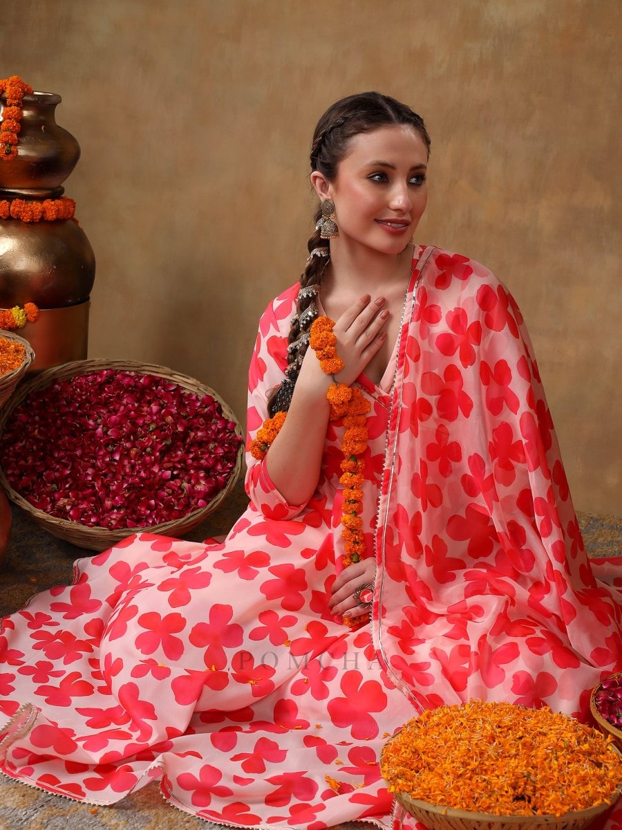 MERAKI ORANGE FLORAL MUSLIN ANARKALI SET WITH ORGANZA DUPATTA - Pomcha Jaipur