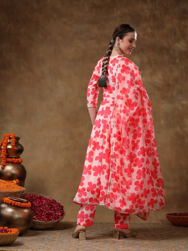 MERAKI ORANGE FLORAL MUSLIN ANARKALI SET WITH ORGANZA DUPATTA - Pomcha Jaipur