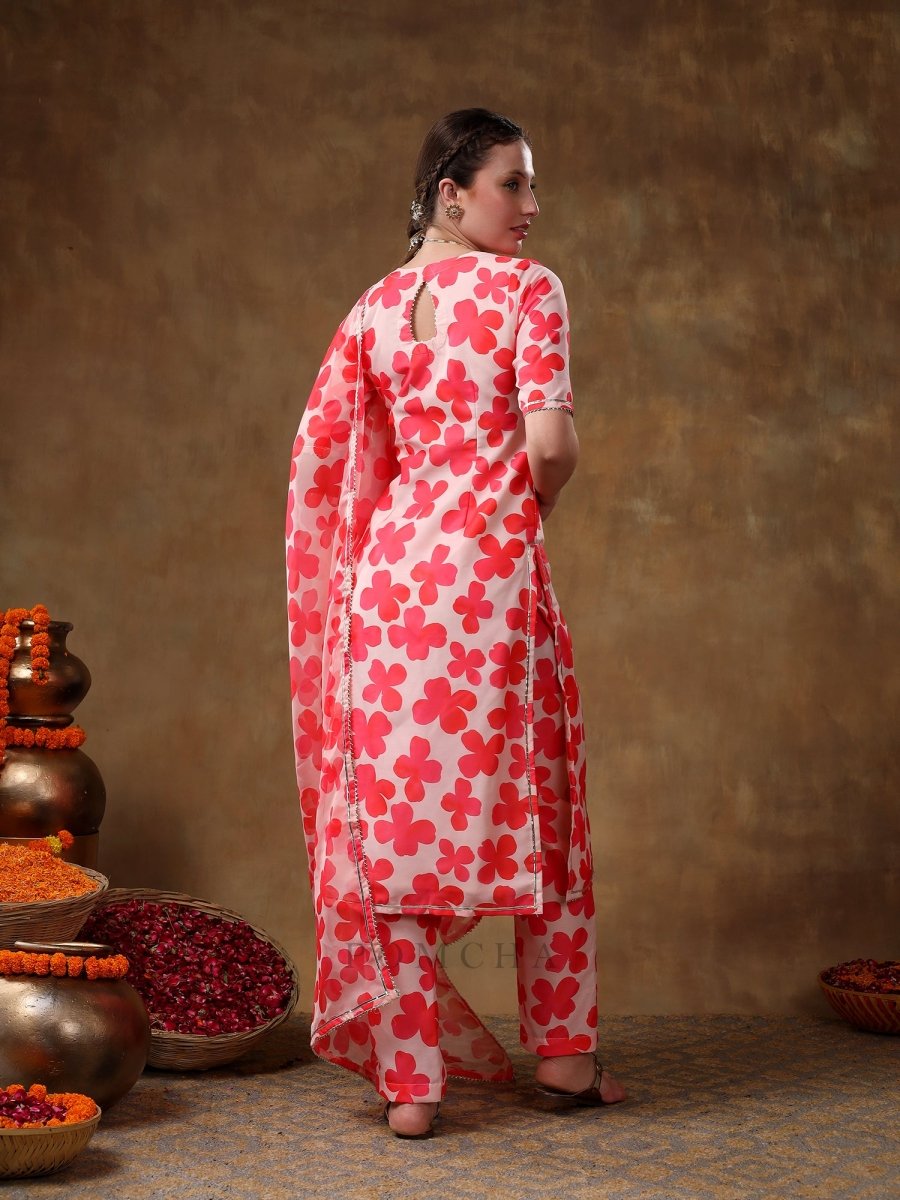 MERAKI ORANGE FLORAL PRINT MUSLIN KURTA SET WITH ORGANZA DUPATTA - Pomcha Jaipur
