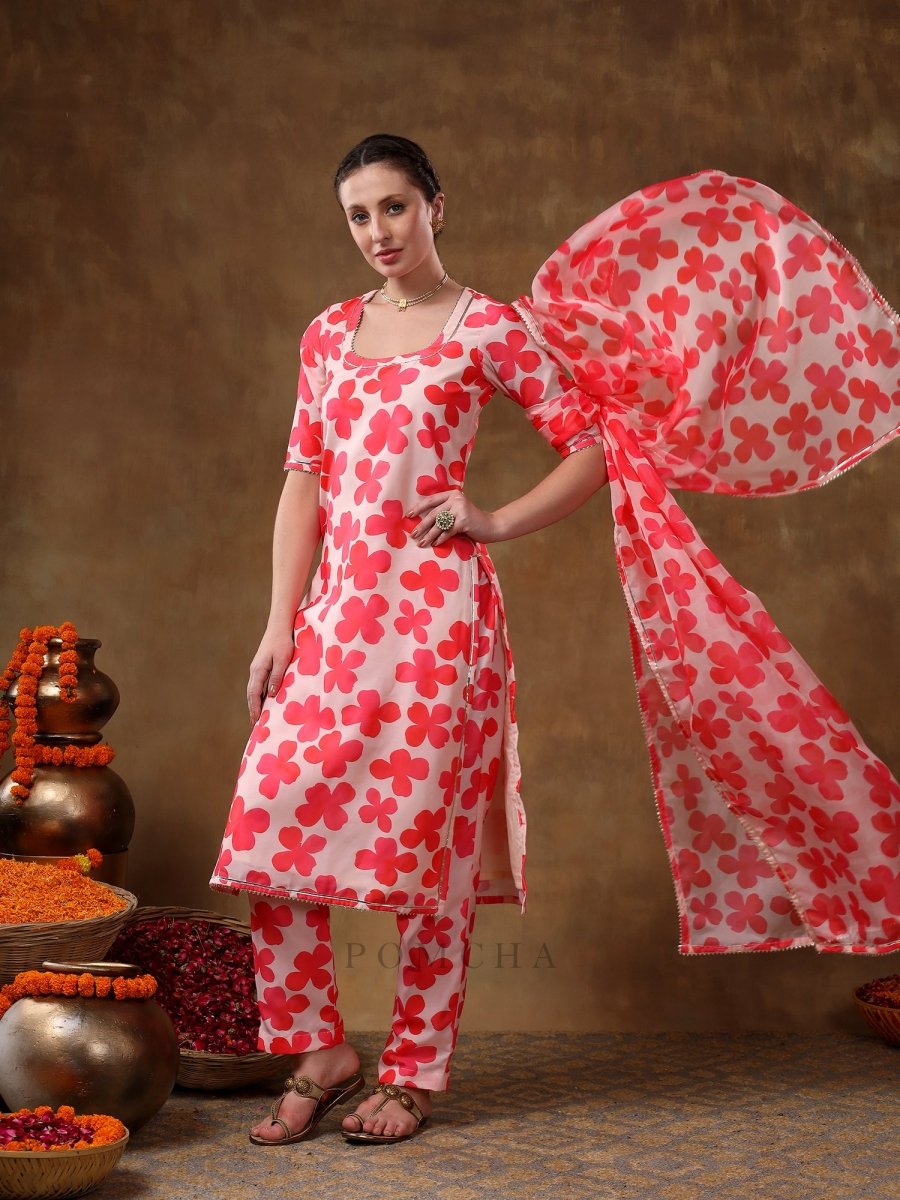MERAKI ORANGE FLORAL PRINT MUSLIN KURTA SET WITH ORGANZA DUPATTA - Pomcha Jaipur