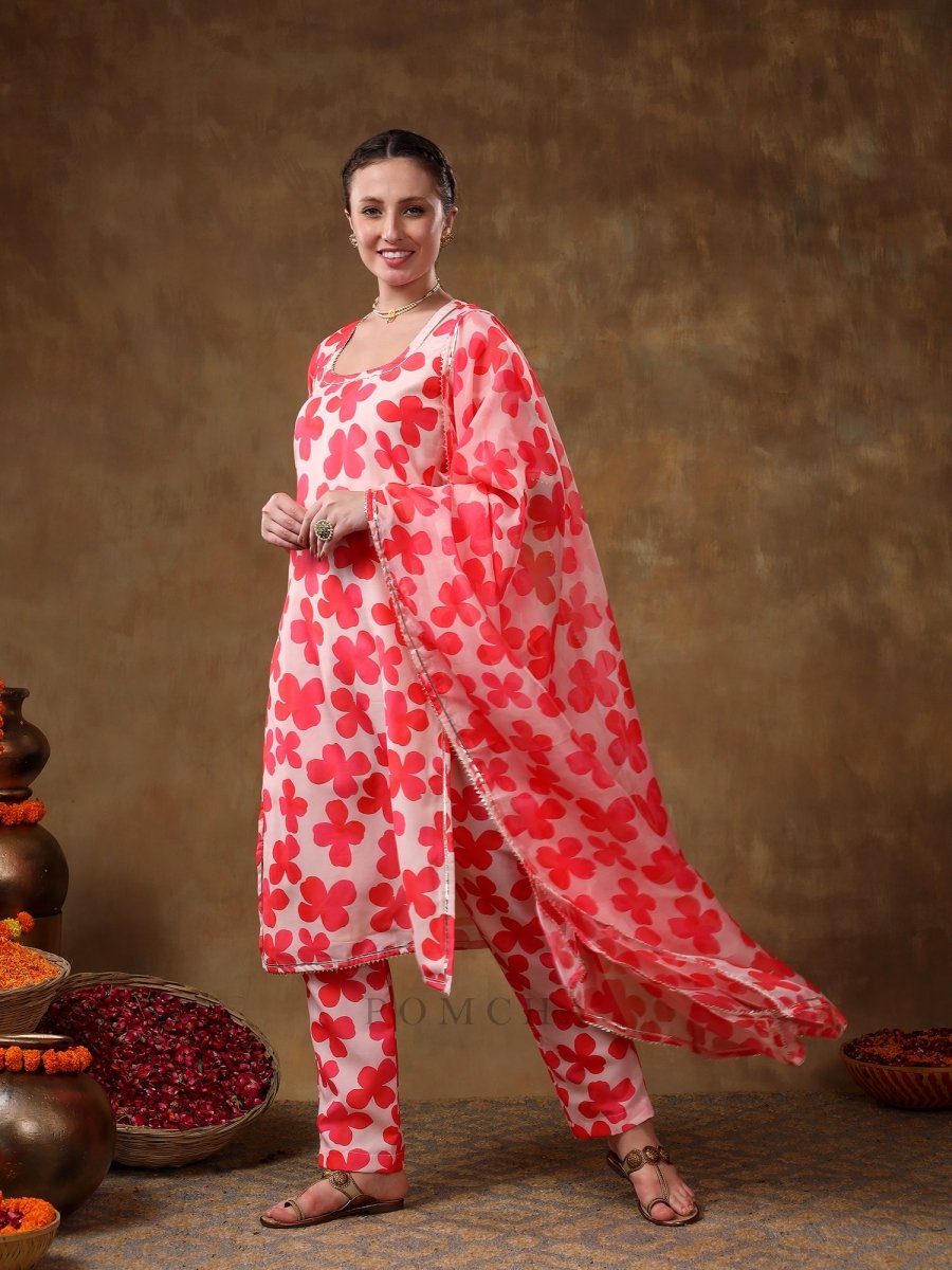 MERAKI ORANGE FLORAL PRINT MUSLIN KURTA SET WITH ORGANZA DUPATTA - Pomcha Jaipur