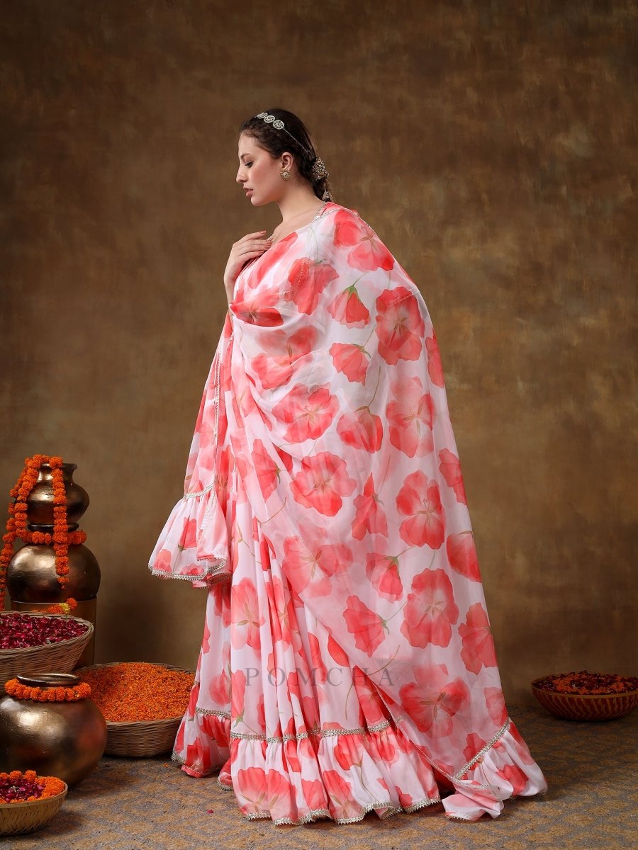 MERAKI ORANGE FLOWER PRINTED MUSLIN GOTTA LACE WORK LEHENGA WITH ORGANZA DUPATTA - Pomcha Jaipur