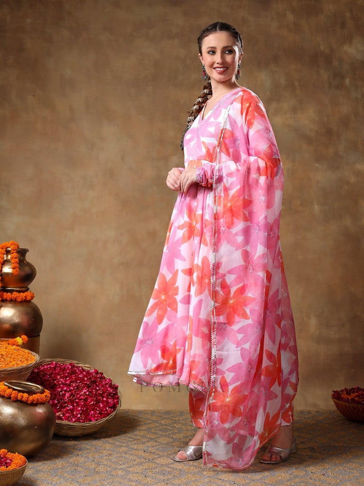 MERAKI PINK FLORAL MUSLIN ANARKALI SET WITH ORGANZA DUPATTA - Pomcha Jaipur
