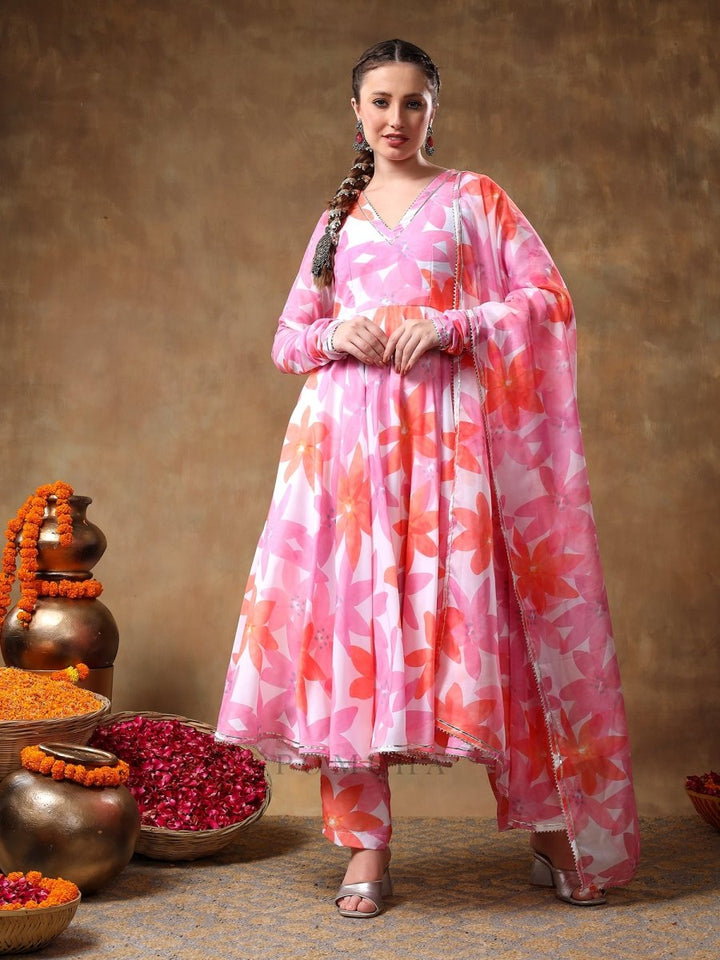 MERAKI PINK FLORAL MUSLIN ANARKALI SET WITH ORGANZA DUPATTA - Pomcha Jaipur