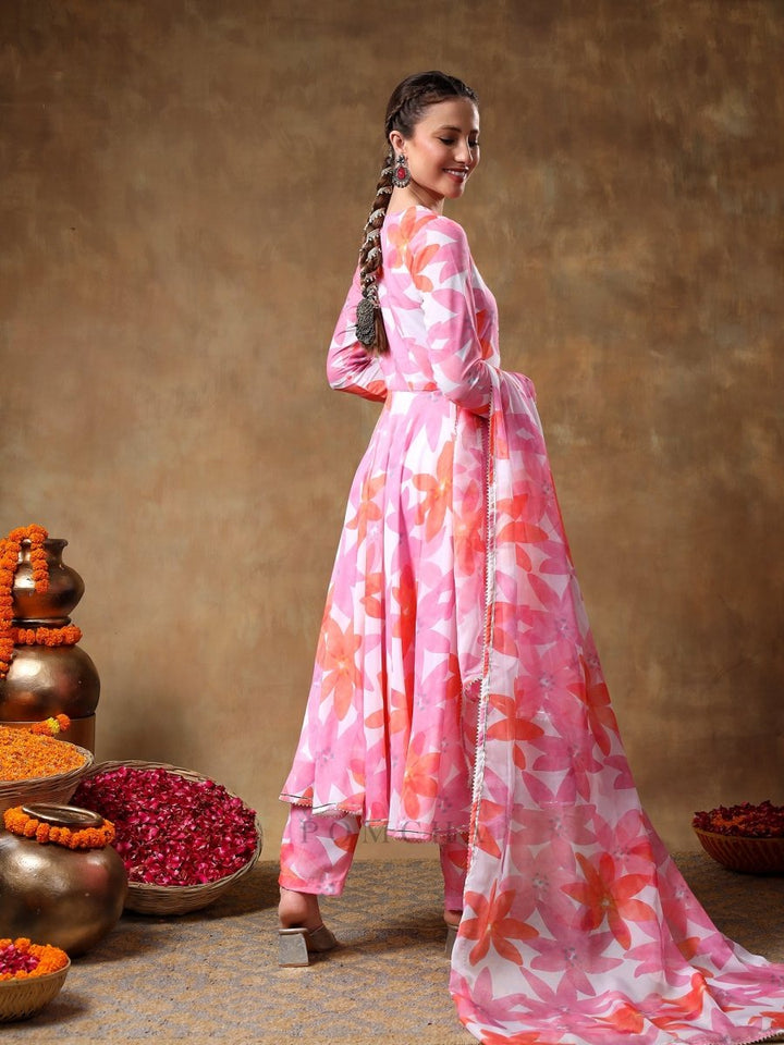 MERAKI PINK FLORAL MUSLIN ANARKALI SET WITH ORGANZA DUPATTA - Pomcha Jaipur