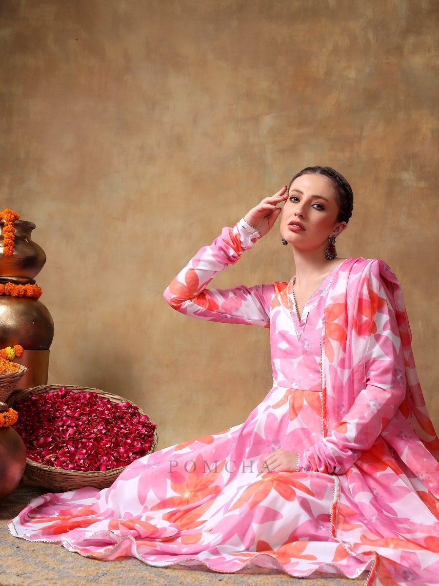 MERAKI PINK FLORAL MUSLIN ANARKALI SET WITH ORGANZA DUPATTA - Pomcha Jaipur