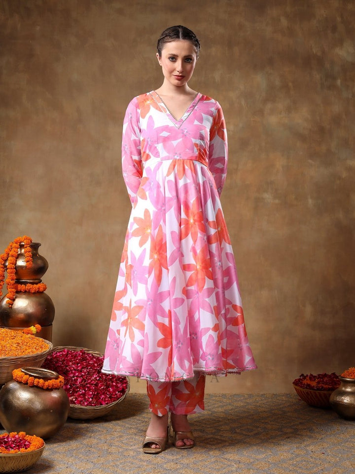 MERAKI PINK FLORAL MUSLIN ANARKALI SET WITH ORGANZA DUPATTA - Pomcha Jaipur