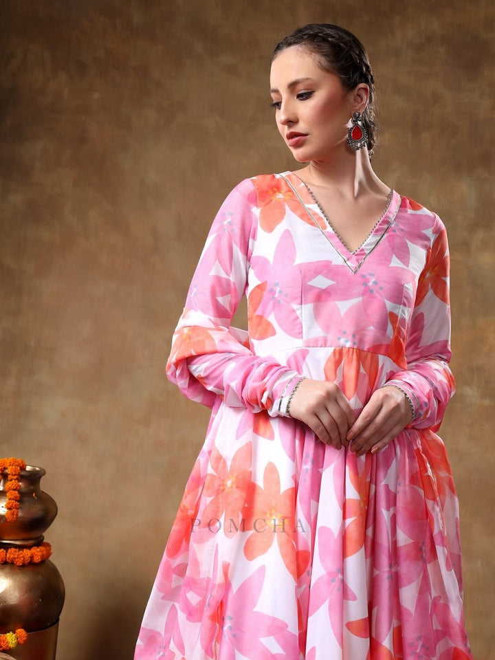 MERAKI PINK FLORAL MUSLIN ANARKALI SET WITH ORGANZA DUPATTA - Pomcha Jaipur