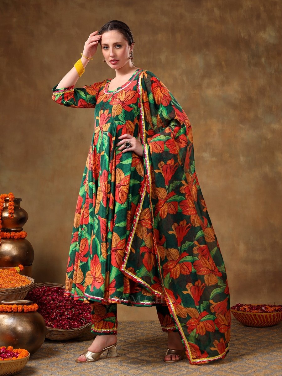 MERAKI TOOBA GREEN FLORAL PRINT MUSLIN ANARKALI WITH ORGANZA DUPATTA - Pomcha Jaipur