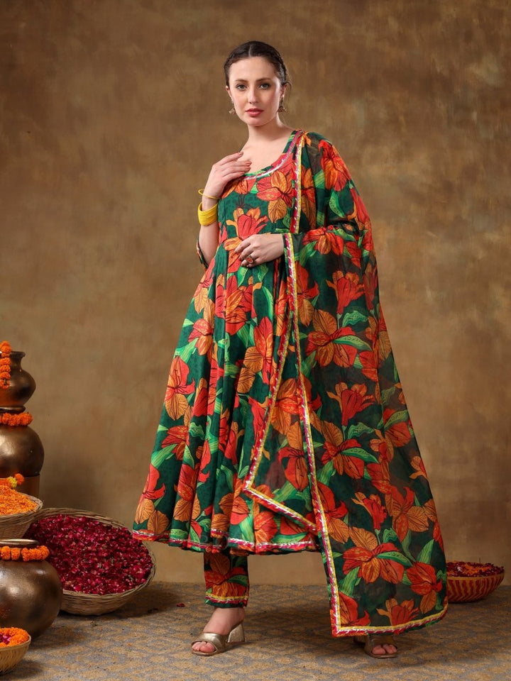 MERAKI TOOBA GREEN FLORAL PRINT MUSLIN ANARKALI WITH ORGANZA DUPATTA - Pomcha Jaipur
