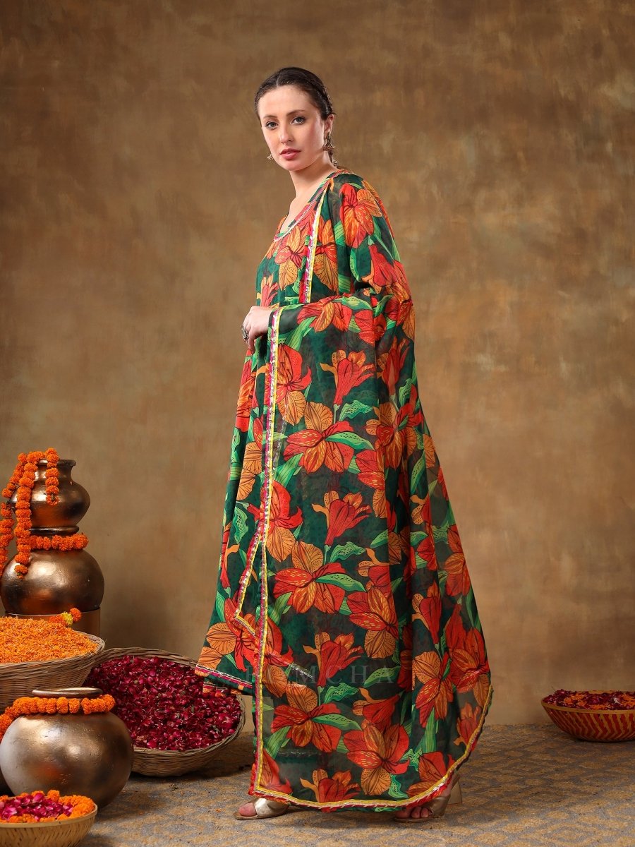 MERAKI TOOBA GREEN FLORAL PRINT MUSLIN ANARKALI WITH ORGANZA DUPATTA - Pomcha Jaipur