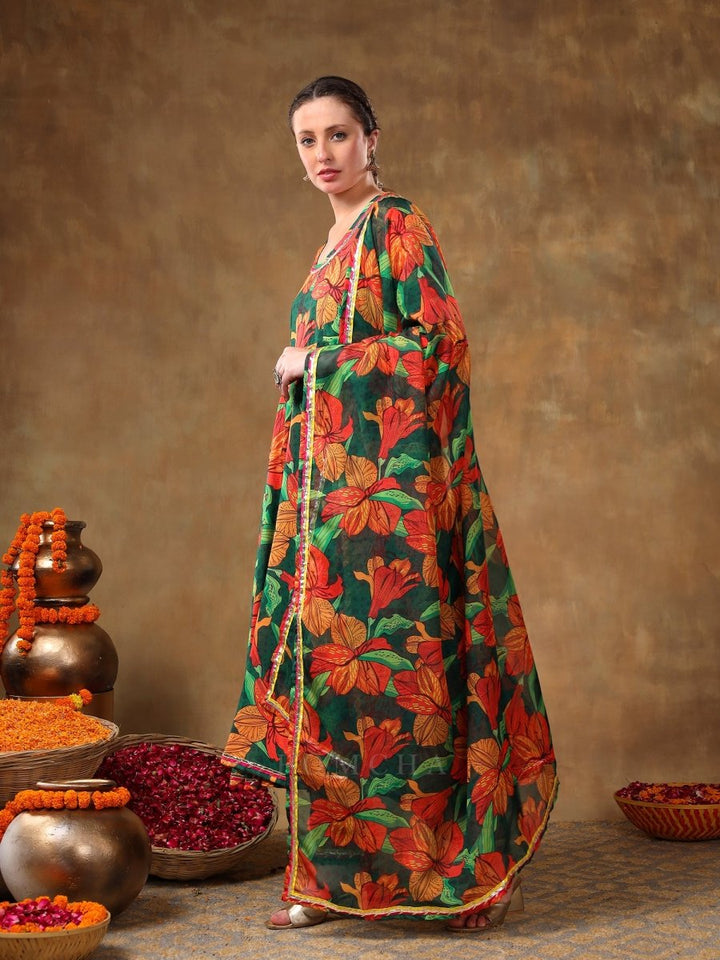 MERAKI TOOBA GREEN FLORAL PRINT MUSLIN ANARKALI WITH ORGANZA DUPATTA - Pomcha Jaipur