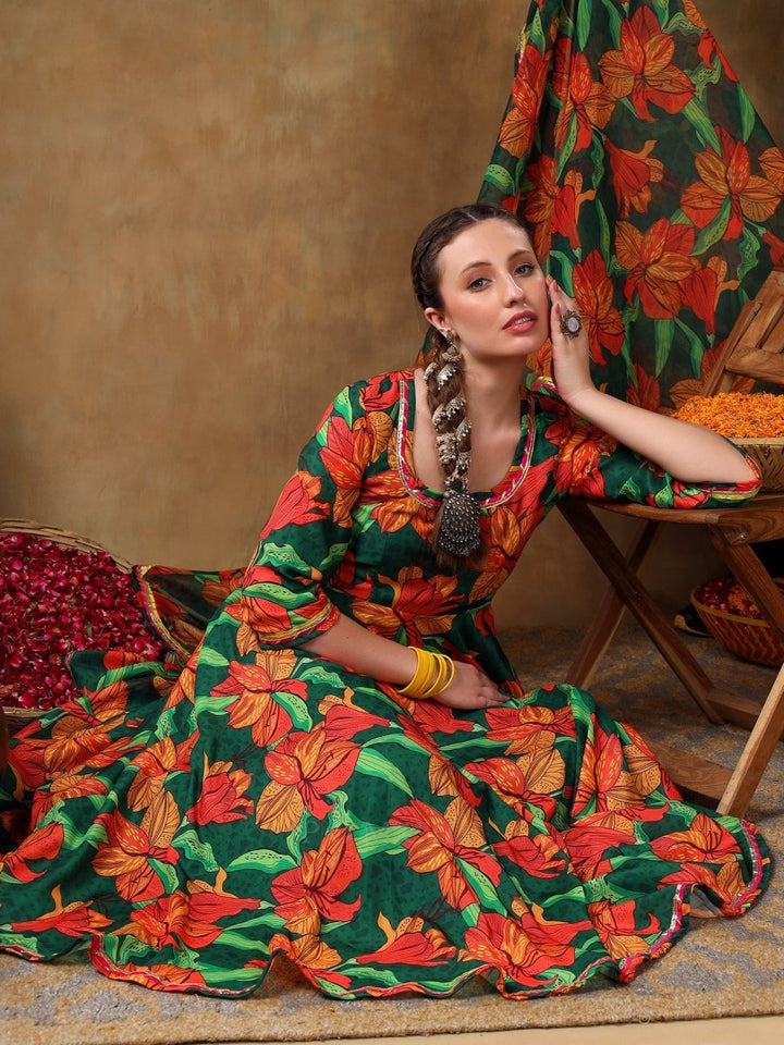 MERAKI TOOBA GREEN FLORAL PRINT MUSLIN ANARKALI WITH ORGANZA DUPATTA - Pomcha Jaipur