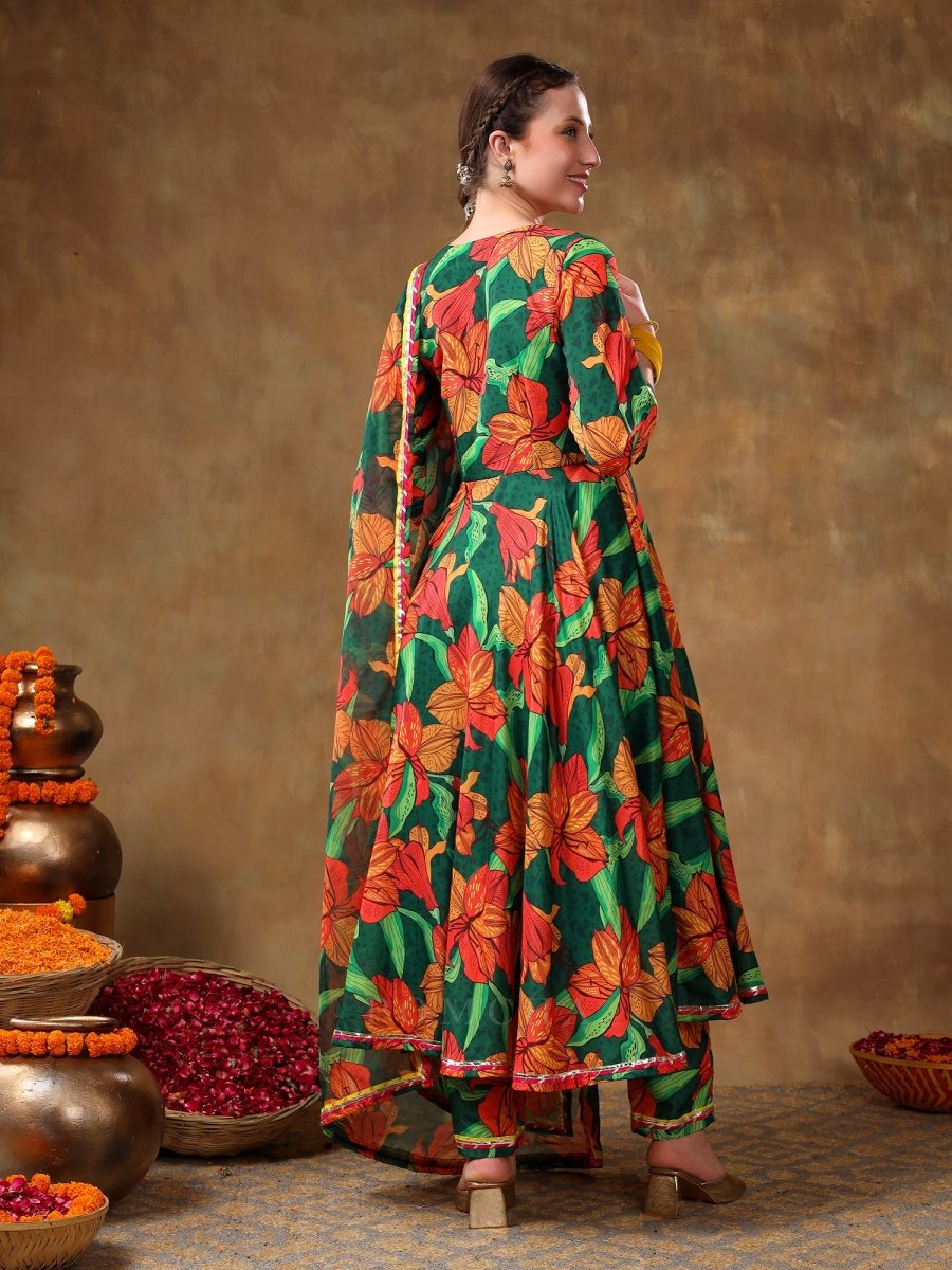MERAKI TOOBA GREEN FLORAL PRINT MUSLIN ANARKALI WITH ORGANZA DUPATTA - Pomcha Jaipur