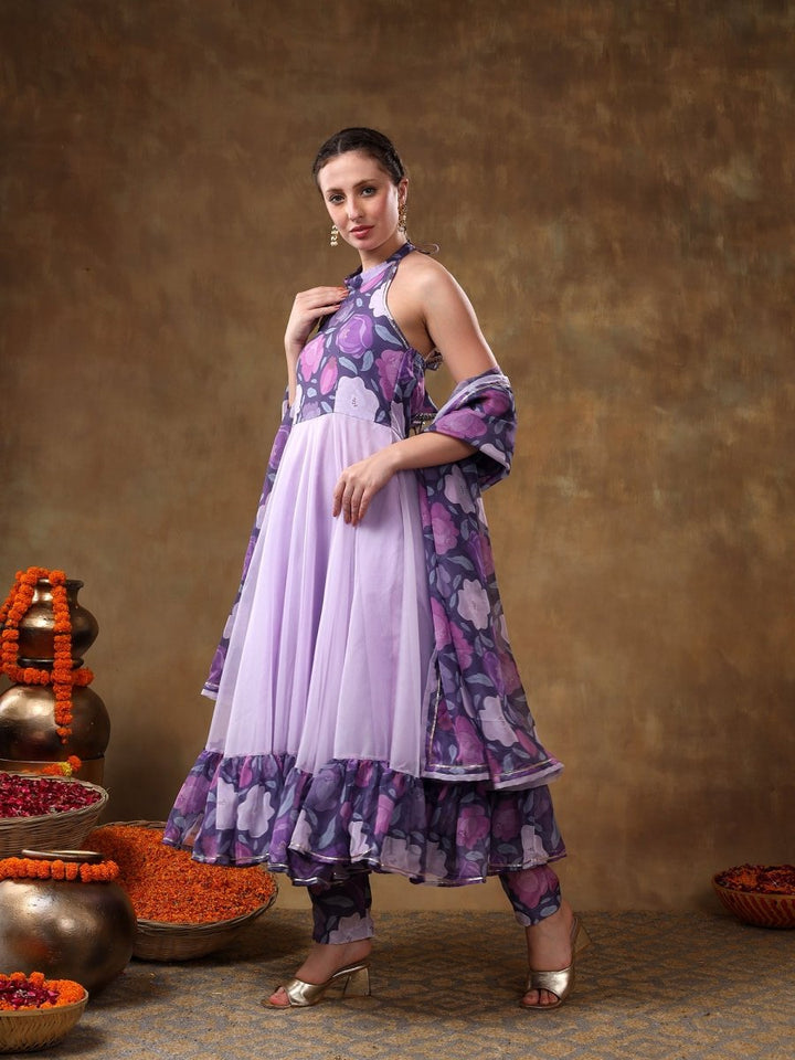 MERAKI VEENA LAVENDER MUSLIN ANARKALI WITH ORGANZA DUPATTA - Pomcha Jaipur