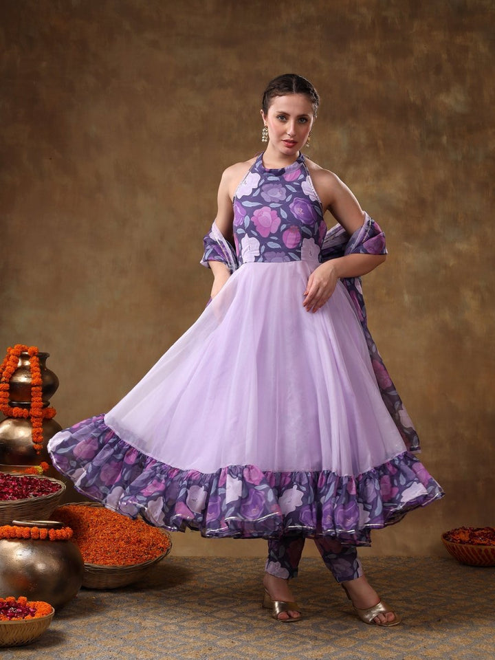 MERAKI VEENA LAVENDER MUSLIN ANARKALI WITH ORGANZA DUPATTA - Pomcha Jaipur
