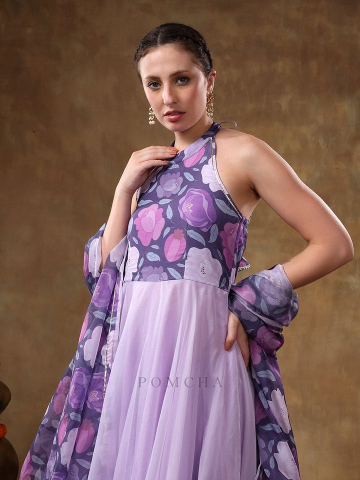 MERAKI VEENA LAVENDER MUSLIN ANARKALI WITH ORGANZA DUPATTA - Pomcha Jaipur