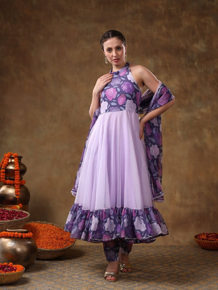MERAKI VEENA LAVENDER MUSLIN ANARKALI WITH ORGANZA DUPATTA - Pomcha Jaipur