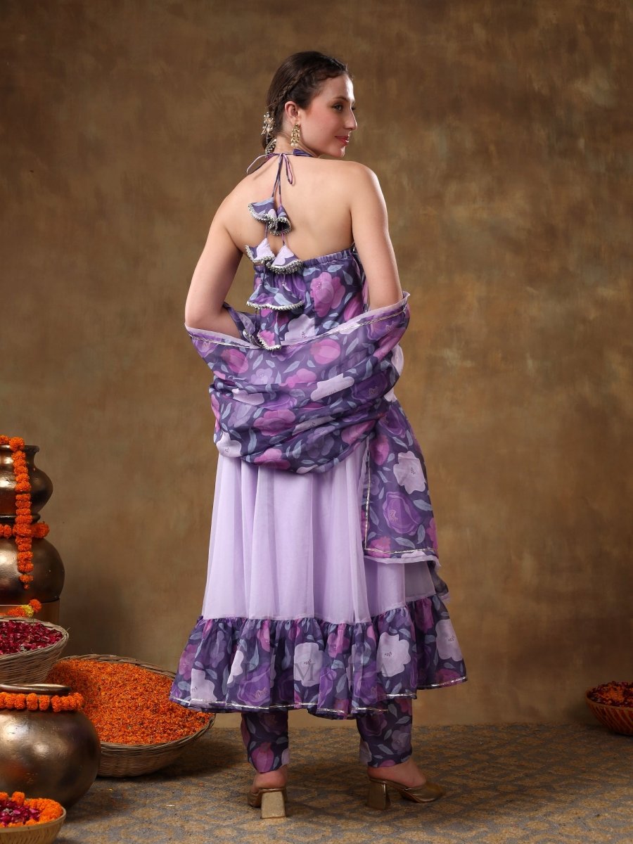 MERAKI VEENA LAVENDER MUSLIN ANARKALI WITH ORGANZA DUPATTA - Pomcha Jaipur
