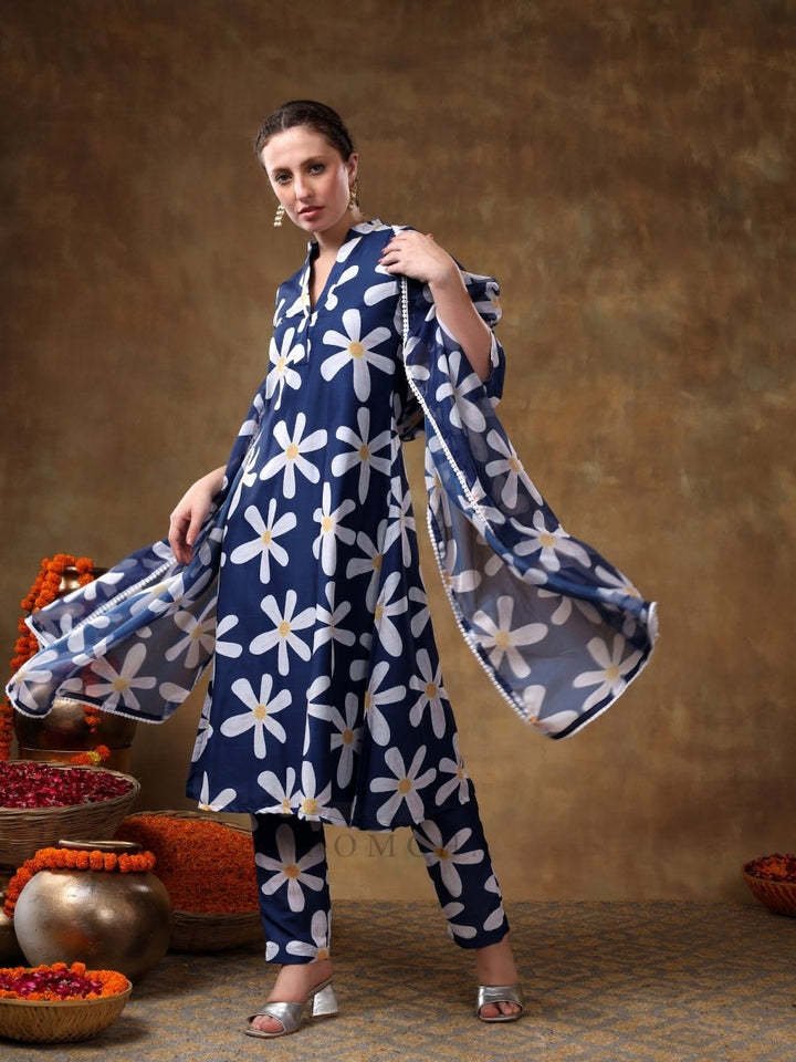 MERAKI WHITE FLOWER BLUE MUSLIN KURTA SET WITH ORGANZA DUPATTA - Pomcha Jaipur