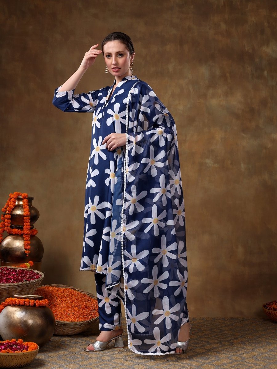 MERAKI WHITE FLOWER BLUE MUSLIN KURTA SET WITH ORGANZA DUPATTA - Pomcha Jaipur