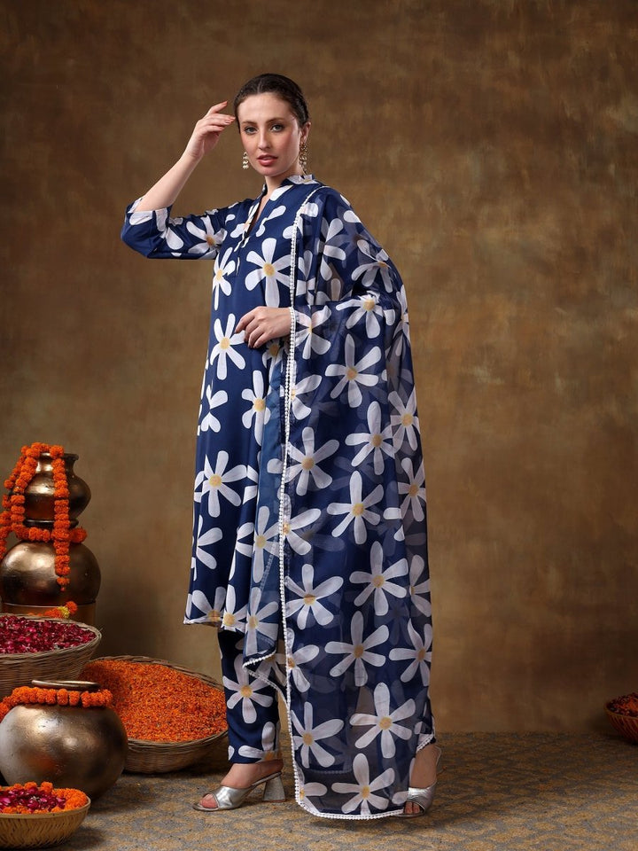 MERAKI WHITE FLOWER BLUE MUSLIN KURTA SET WITH ORGANZA DUPATTA - Pomcha Jaipur