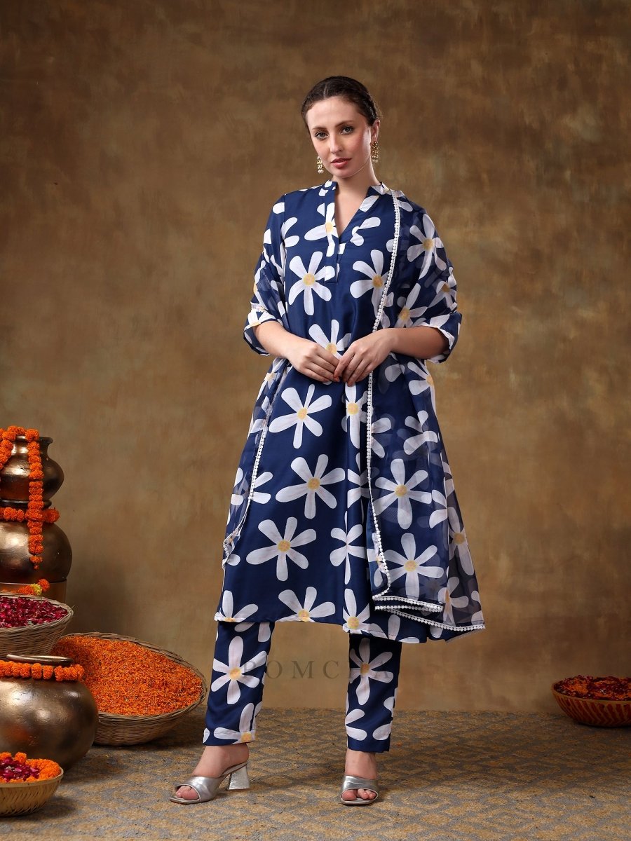 MERAKI WHITE FLOWER BLUE MUSLIN KURTA SET WITH ORGANZA DUPATTA - Pomcha Jaipur
