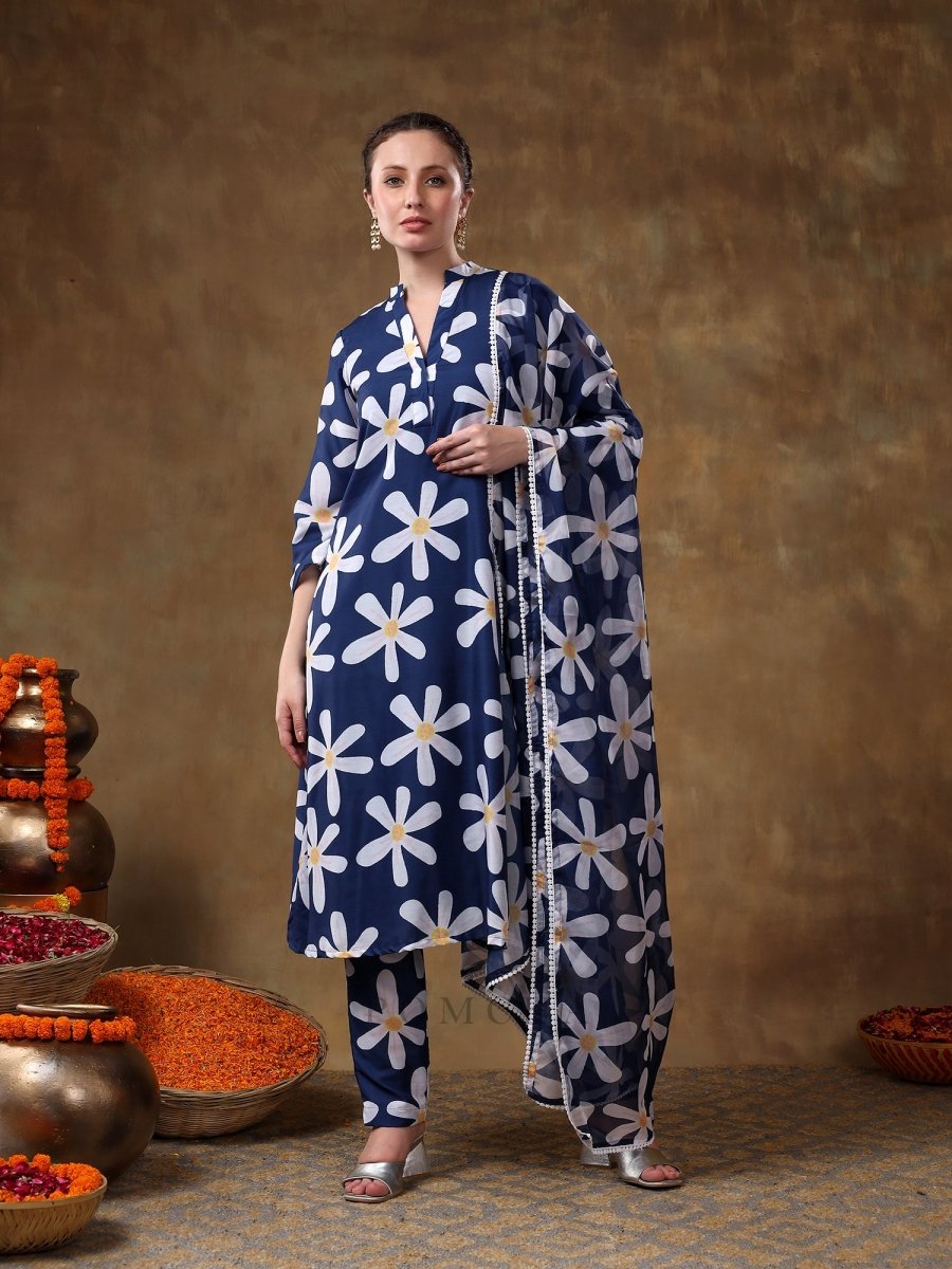 MERAKI WHITE FLOWER BLUE MUSLIN KURTA SET WITH ORGANZA DUPATTA - Pomcha Jaipur