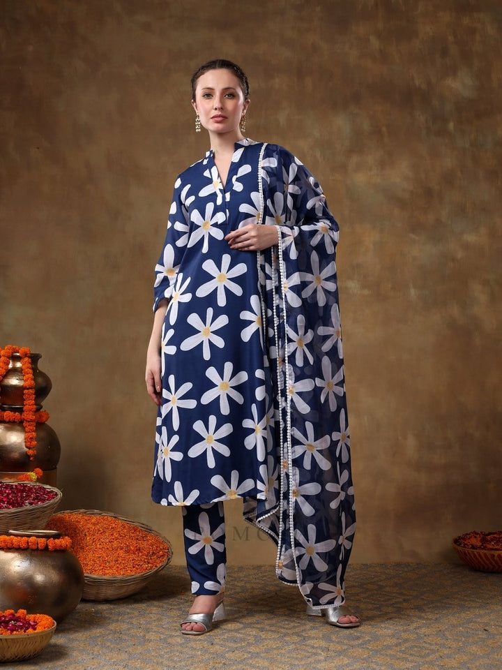MERAKI WHITE FLOWER BLUE MUSLIN KURTA SET WITH ORGANZA DUPATTA - Pomcha Jaipur