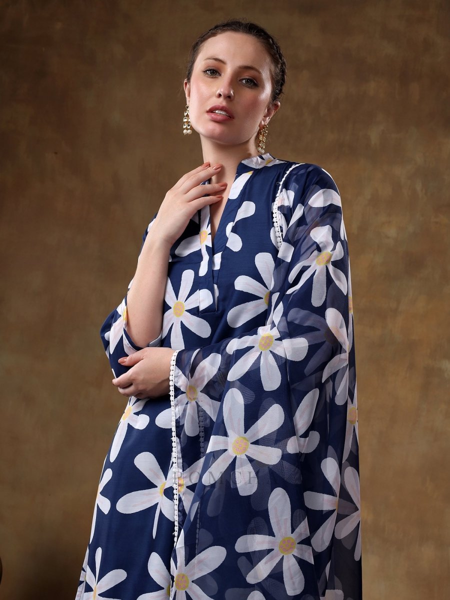 MERAKI WHITE FLOWER BLUE MUSLIN KURTA SET WITH ORGANZA DUPATTA - Pomcha Jaipur