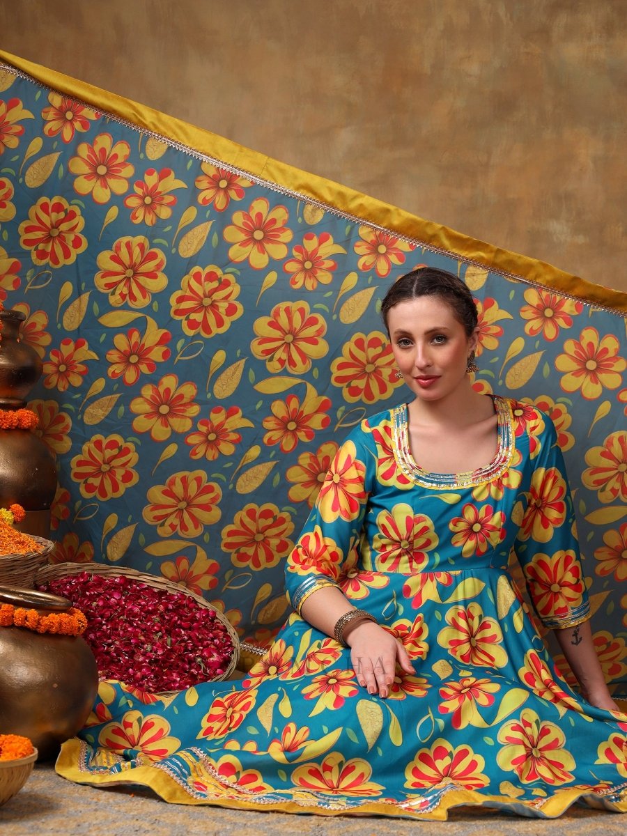 MERAKI YELLOW FLOWER BLUE MUSLIN ANARKALI SET WITH ORGANZA DUPATTA - Pomcha Jaipur
