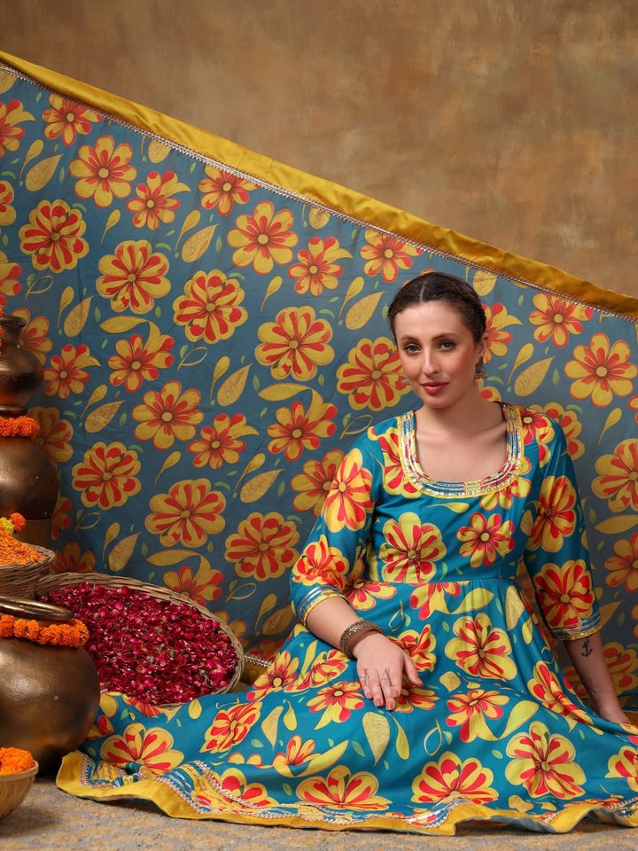 MERAKI YELLOW FLOWER BLUE MUSLIN ANARKALI SET WITH ORGANZA DUPATTA - Pomcha Jaipur