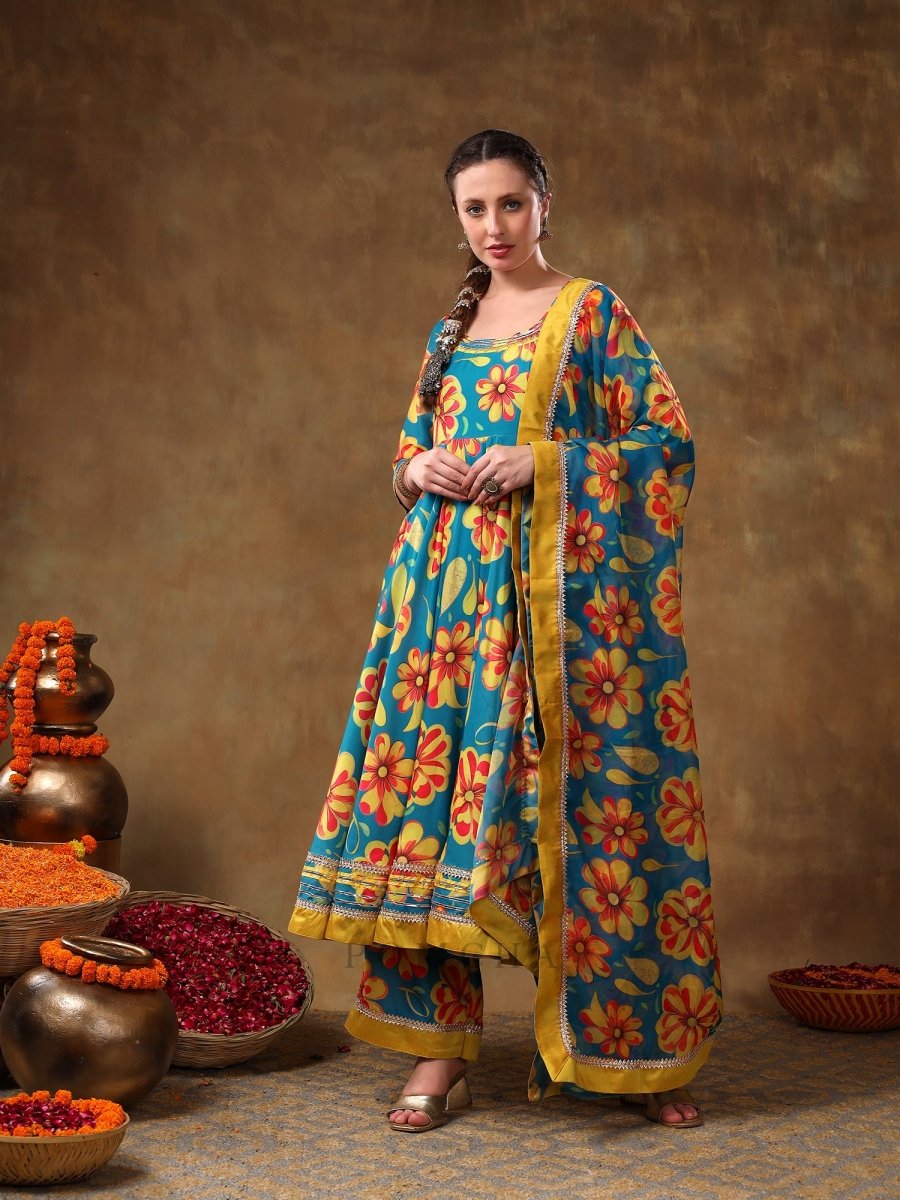 MERAKI YELLOW FLOWER BLUE MUSLIN ANARKALI SET WITH ORGANZA DUPATTA - Pomcha Jaipur