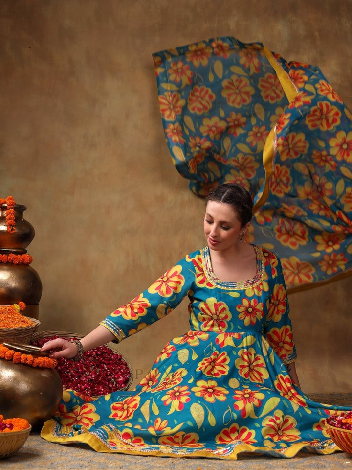 MERAKI YELLOW FLOWER BLUE MUSLIN ANARKALI SET WITH ORGANZA DUPATTA - Pomcha Jaipur