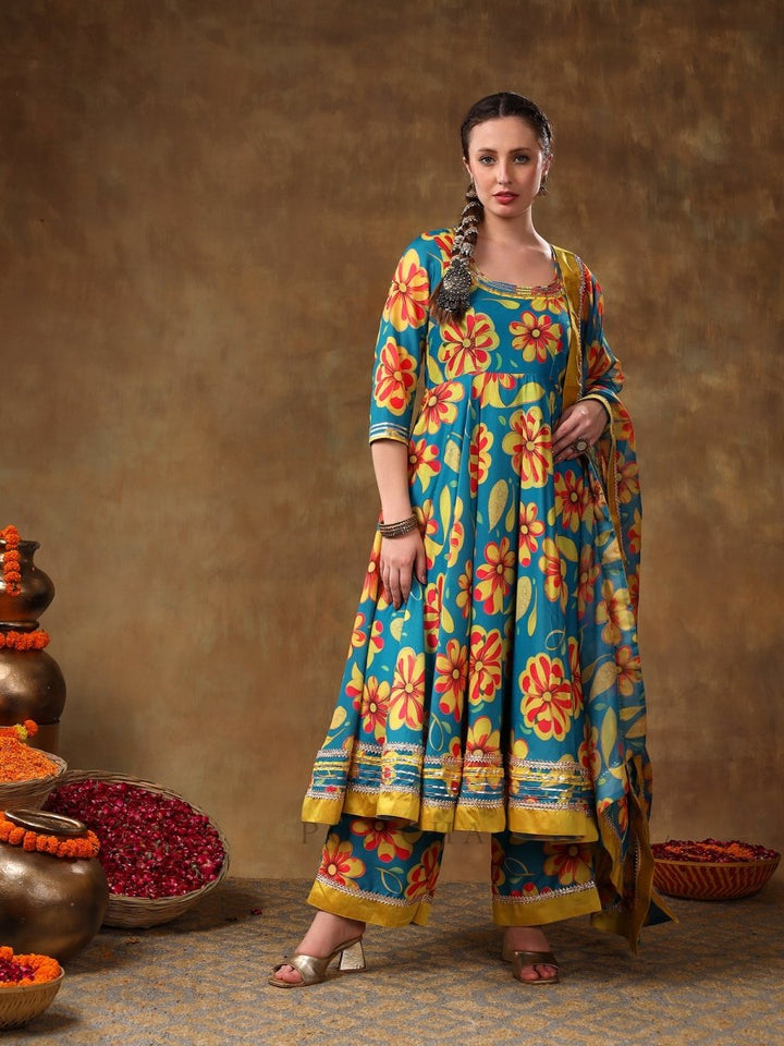 MERAKI YELLOW FLOWER BLUE MUSLIN ANARKALI SET WITH ORGANZA DUPATTA - Pomcha Jaipur
