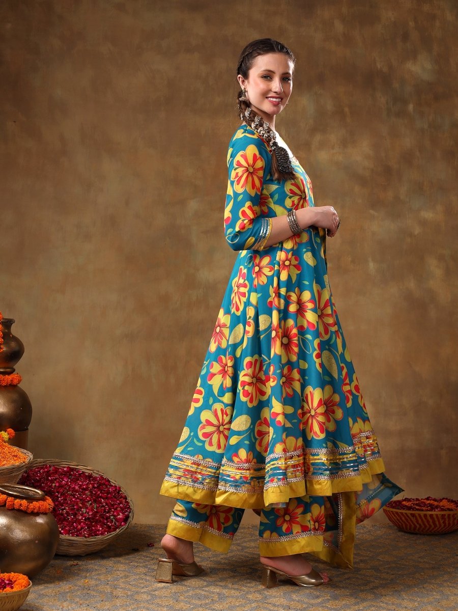 MERAKI YELLOW FLOWER BLUE MUSLIN ANARKALI SET WITH ORGANZA DUPATTA - Pomcha Jaipur