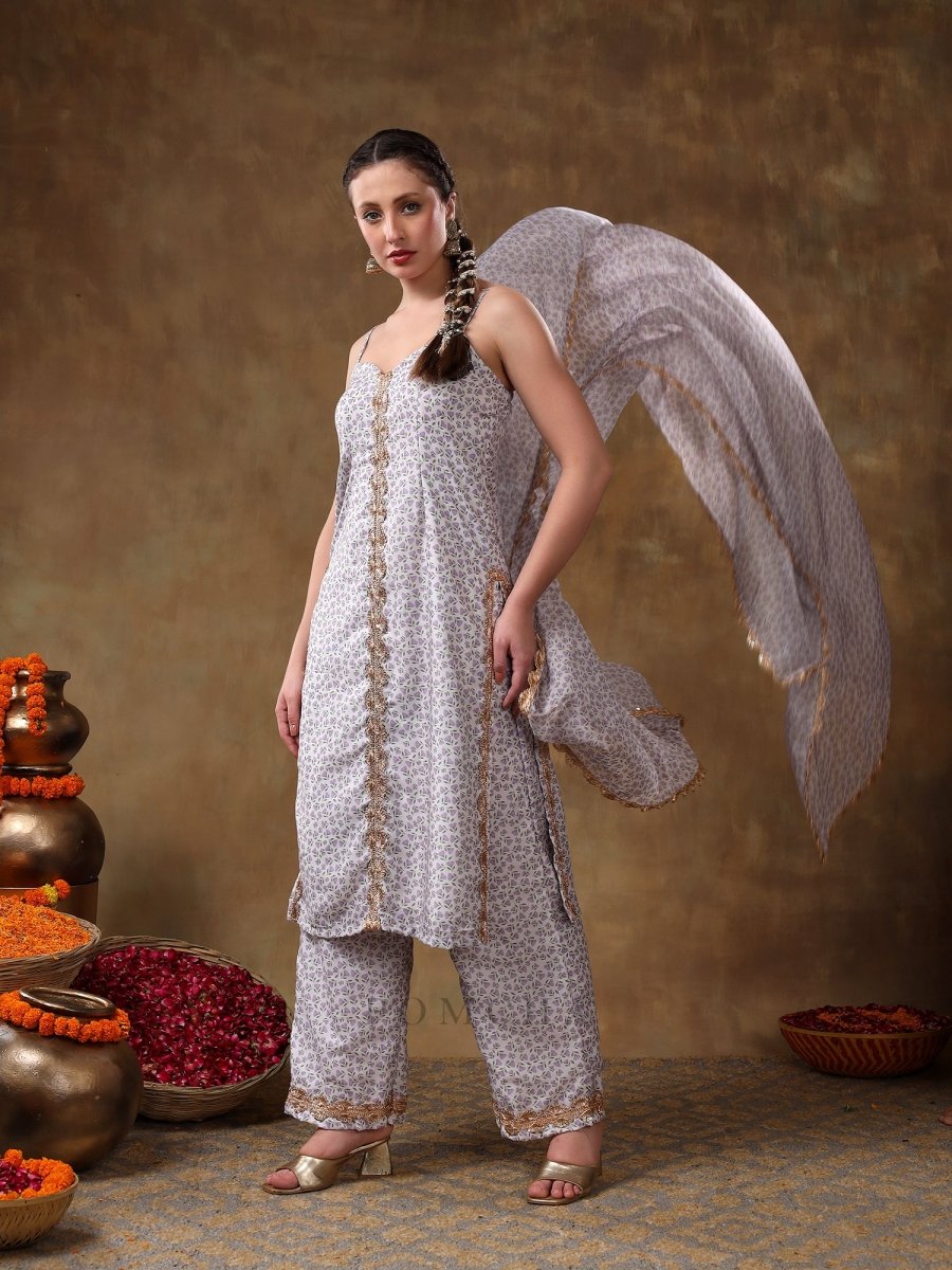 MERAKI ZEENAT GOTTA LACE WORK LAVENDER FLORAL KURTA SET WITH ORGANZA DUPATTA - Pomcha Jaipur