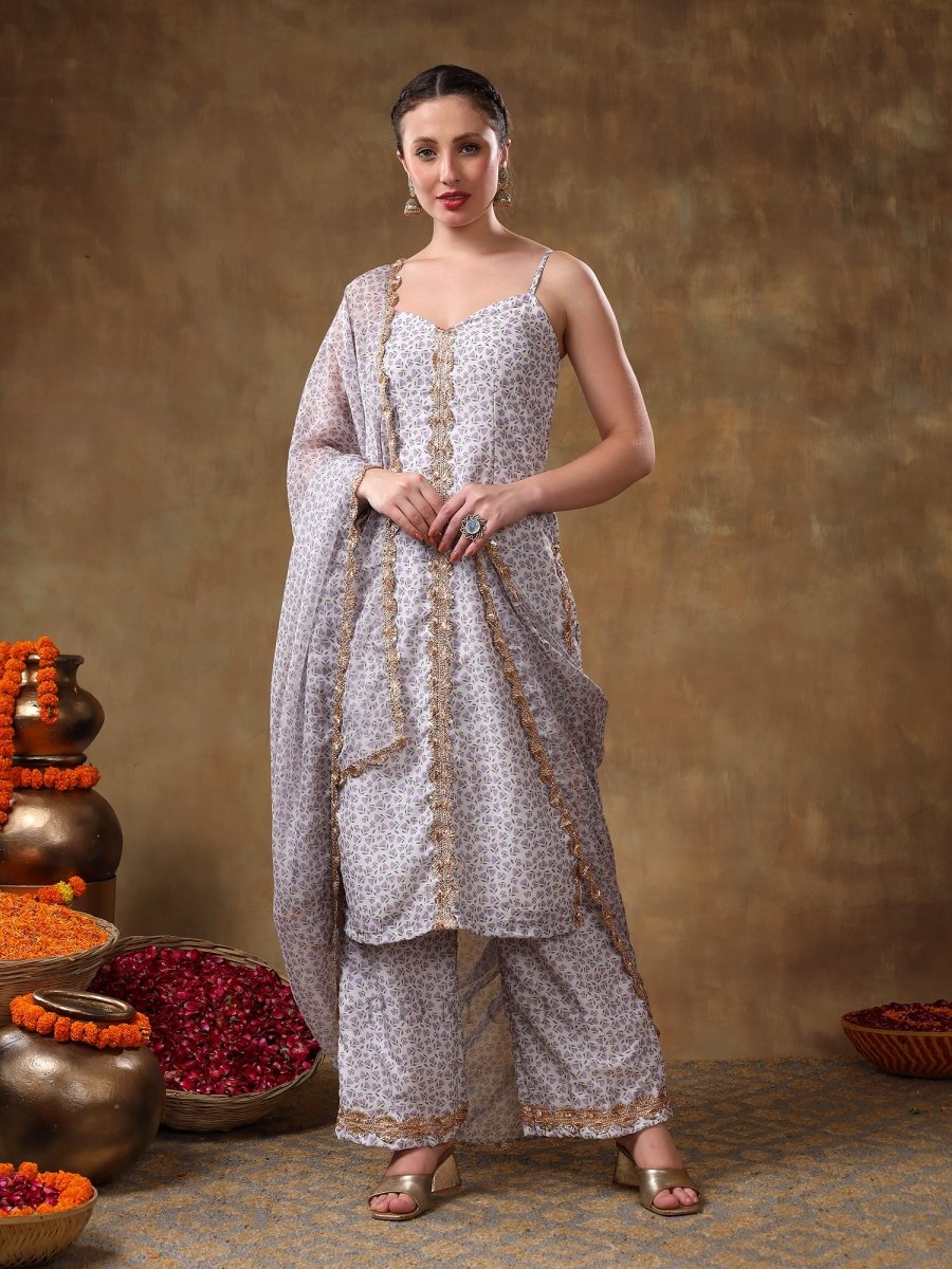 MERAKI ZEENAT GOTTA LACE WORK LAVENDER FLORAL KURTA SET WITH ORGANZA DUPATTA - Pomcha Jaipur