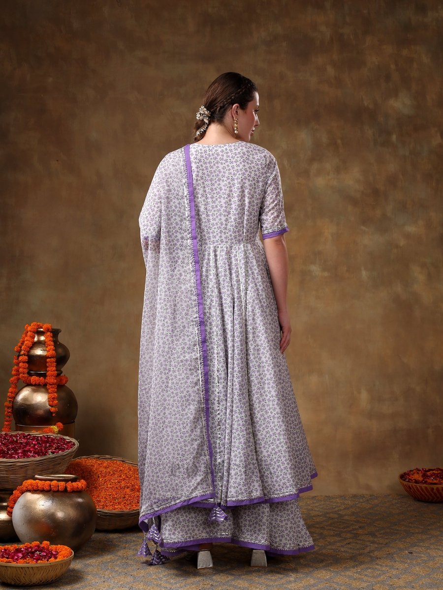 MERAKI ZEENAT LAVENDER FLORAL PRINT MUSLIN ANGRAKHA AND PLAZO SET WITH ORGANZA DUPATTA - Pomcha Jaipur