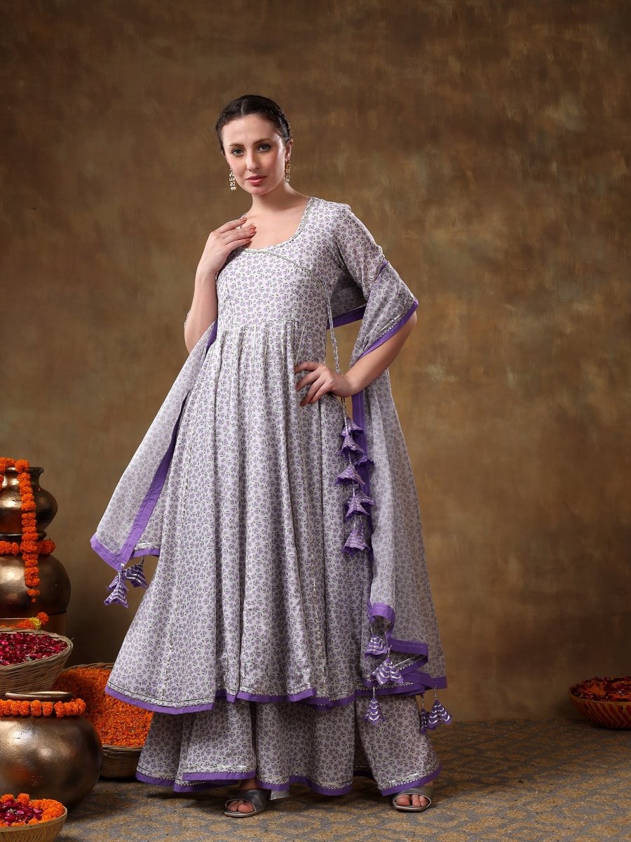 MERAKI ZEENAT LAVENDER FLORAL PRINT MUSLIN ANGRAKHA AND PLAZO SET WITH ORGANZA DUPATTA - Pomcha Jaipur
