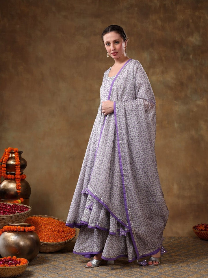 MERAKI ZEENAT LAVENDER FLORAL PRINT MUSLIN ANGRAKHA AND PLAZO SET WITH ORGANZA DUPATTA - Pomcha Jaipur
