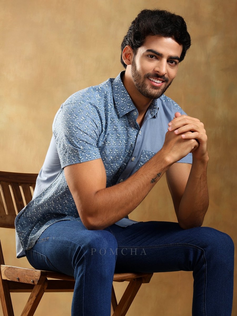 MOHEY BLUE COTTON HAND BLOCK SHIRT - Pomcha Jaipur