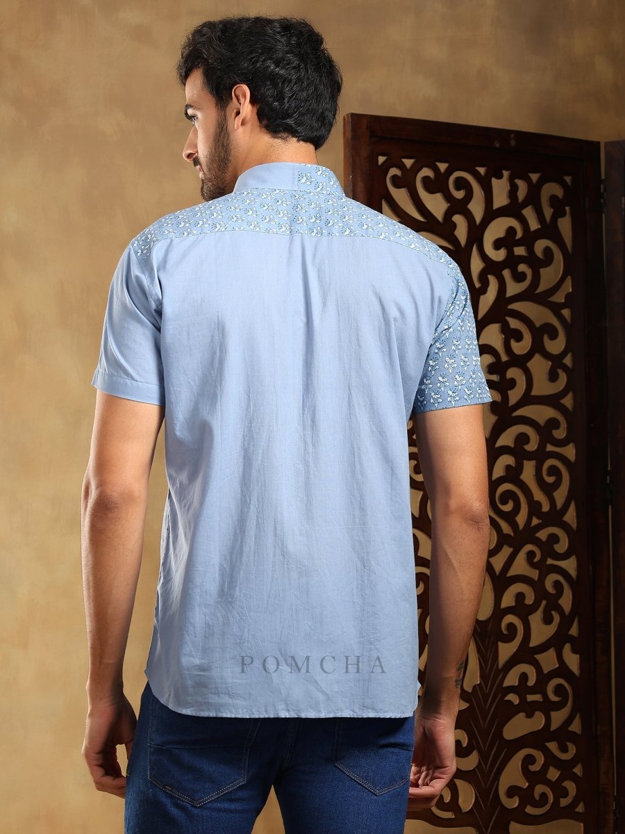 MOHEY BLUE COTTON HAND BLOCK SHIRT - Pomcha Jaipur