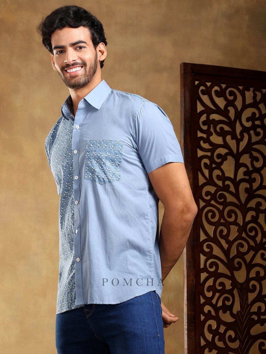 MOHEY BLUE COTTON HAND BLOCK SHIRT - Pomcha Jaipur