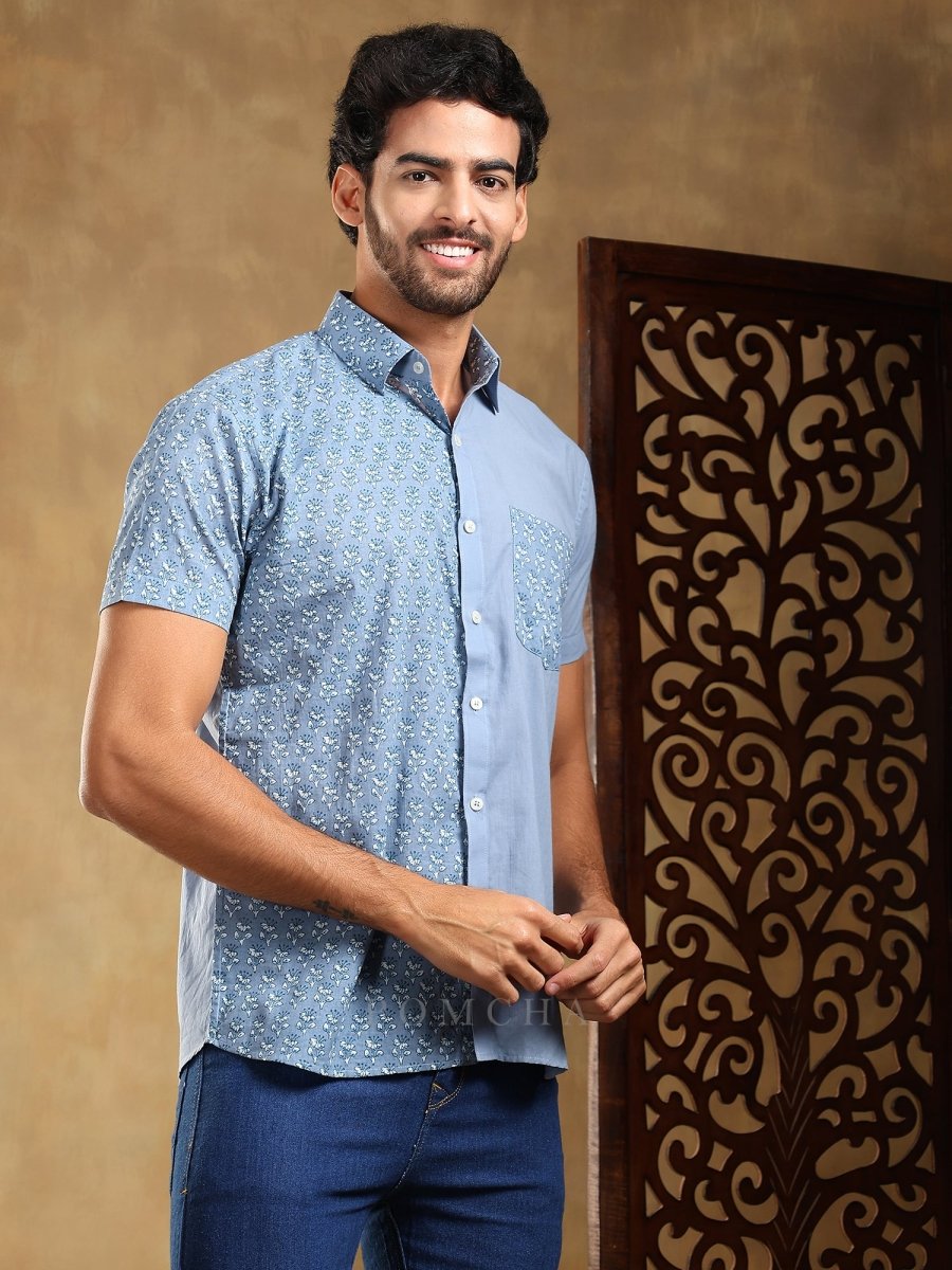 MOHEY BLUE COTTON HAND BLOCK SHIRT - Pomcha Jaipur