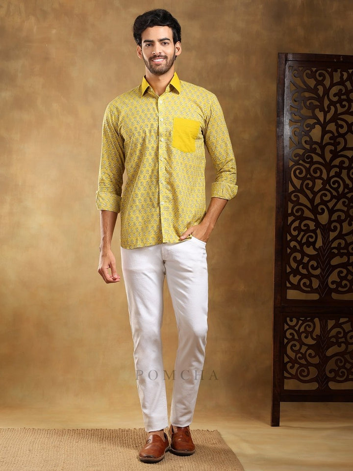 MOHEY YELLOW COTTON HAND BLOCK SHIRT - Pomcha Jaipur