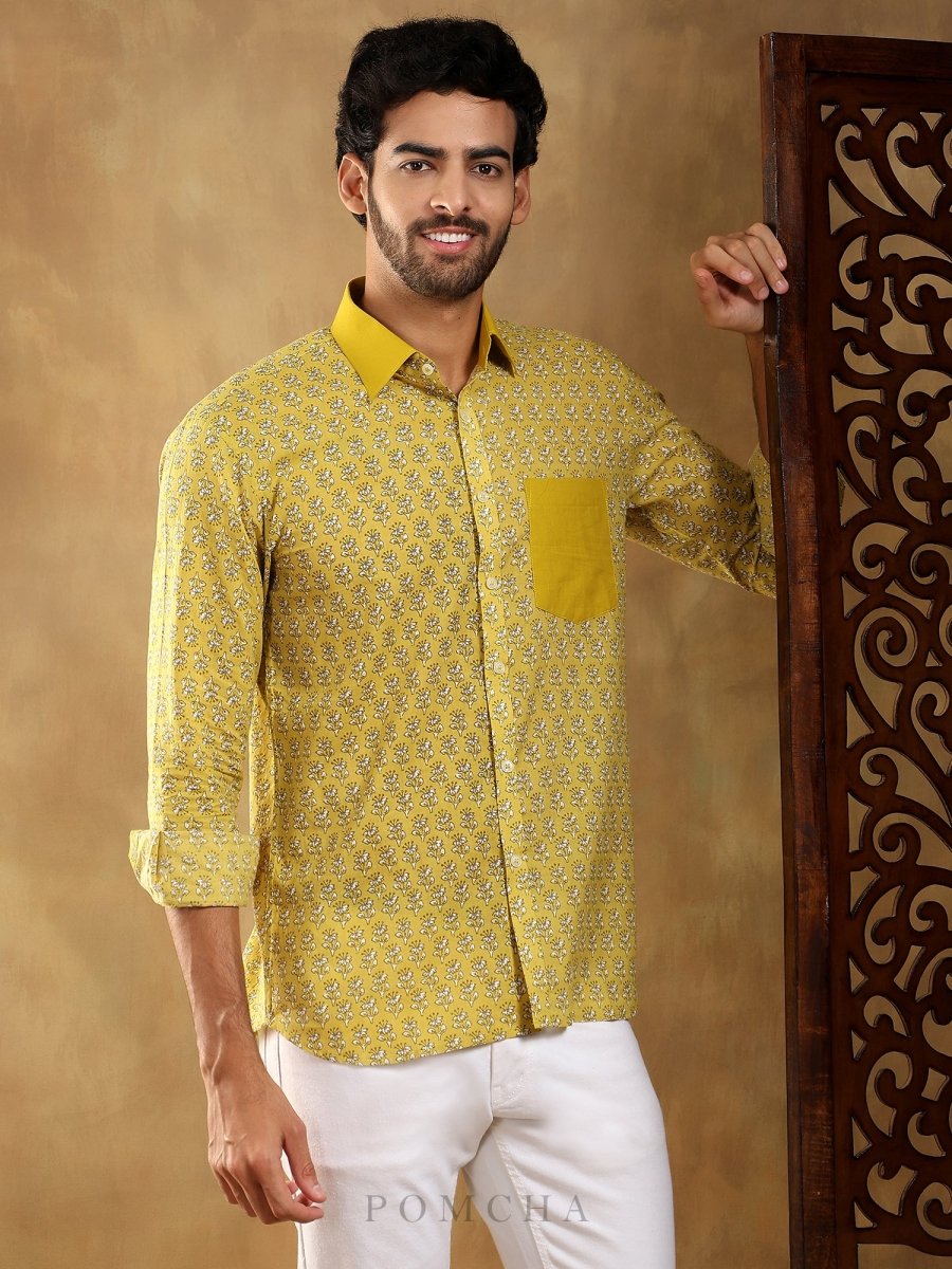 MOHEY YELLOW COTTON HAND BLOCK SHIRT - Pomcha Jaipur