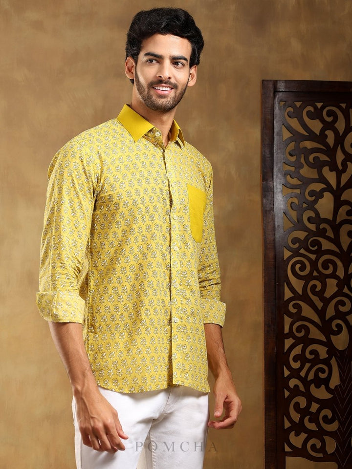 MOHEY YELLOW COTTON HAND BLOCK SHIRT - Pomcha Jaipur