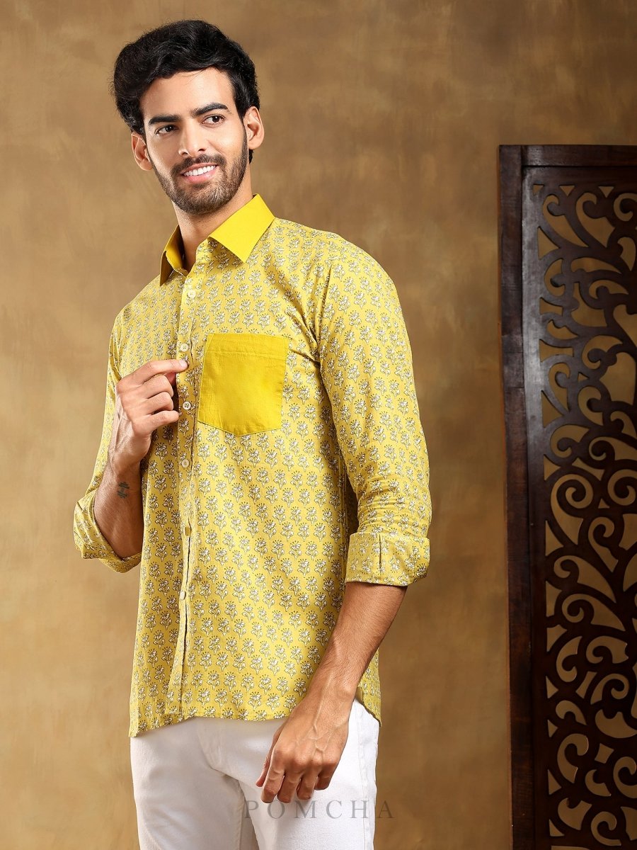 MOHEY YELLOW COTTON HAND BLOCK SHIRT - Pomcha Jaipur