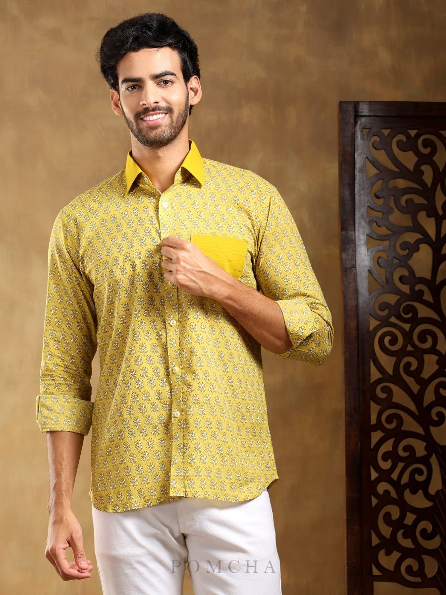 MOHEY YELLOW COTTON HAND BLOCK SHIRT - Pomcha Jaipur
